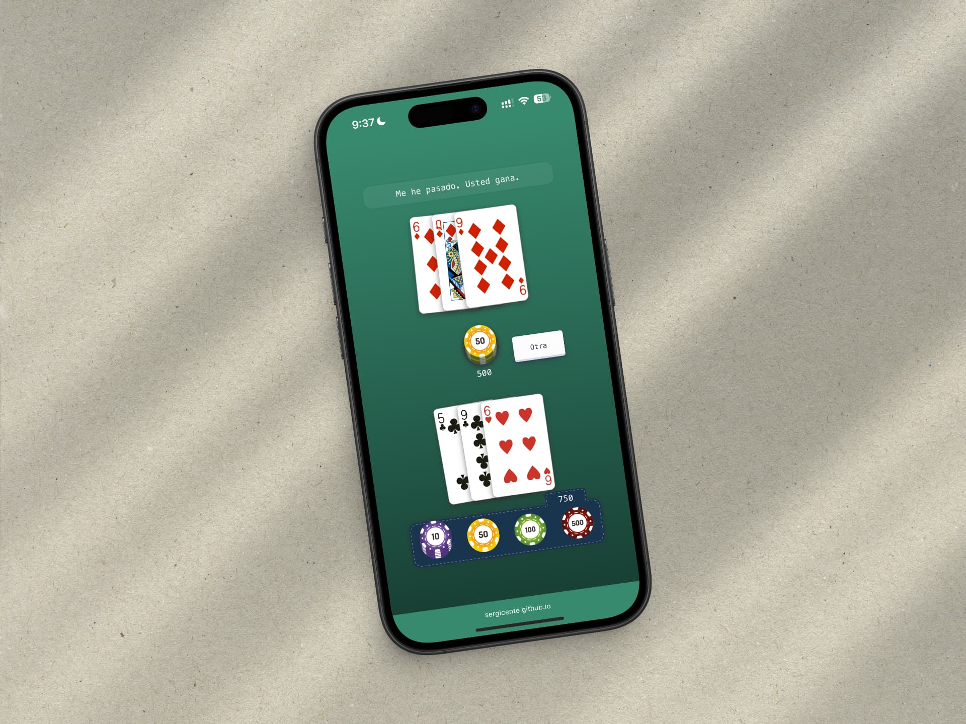 Captura de pantalla del proyecto Blackjack